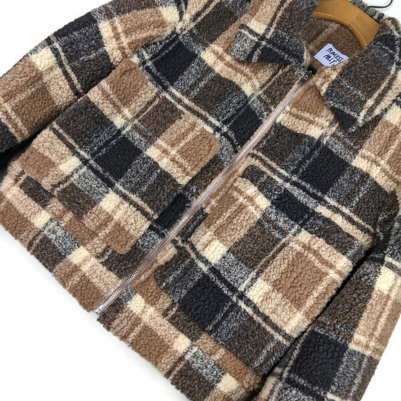 NWOT Princess Polly Doria Jacket Brown Plaid Cropped Oversized Boxy Zip Teddy - Picture 7 of 16